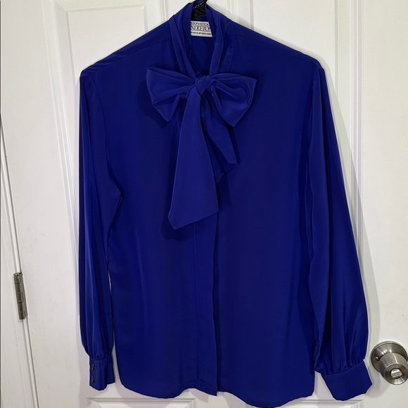 Pendleton Tops - Vintage 80s Pendleton Royal Blue Button Down with Bow Size 6